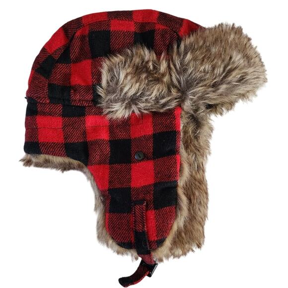 Red Black Buffalo Plaid Wool Blend Trapper Hat Faux Fur M/L - Picture 2 of 5